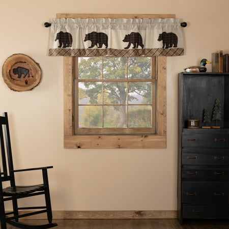 Chambray Pocket - Khaki Tan Rustic & Lodge Kitchen Curtains Wyatt Bear Rod Pocket Cotton Appliqued Chambray Nature Print 16x72 Valance