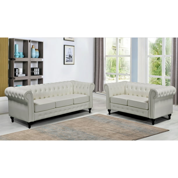 Oriskany Chesterfield Faux Leather 2pcs, Chesterfield Loveseat Faux Leather