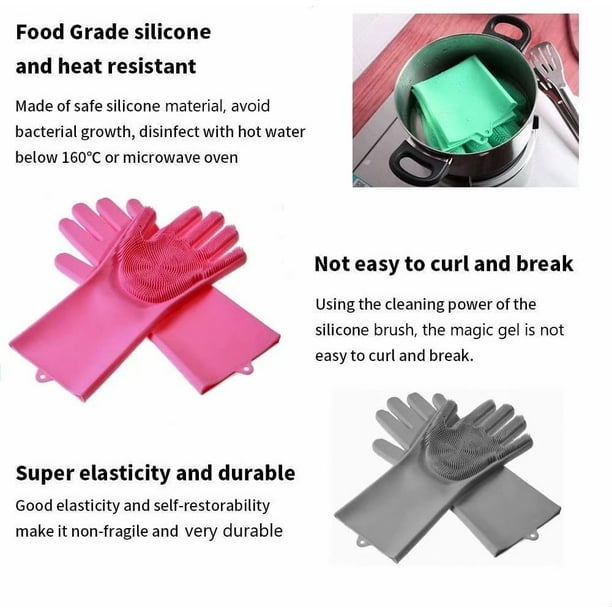 Gants de vaisselle en silicone magiques, gants de récurage en silicone  réutilisables avec poils longs, résistants à la chaleur, parfaits pour  nettoyer la vaisselle, la cuisine et la salle de bain. 