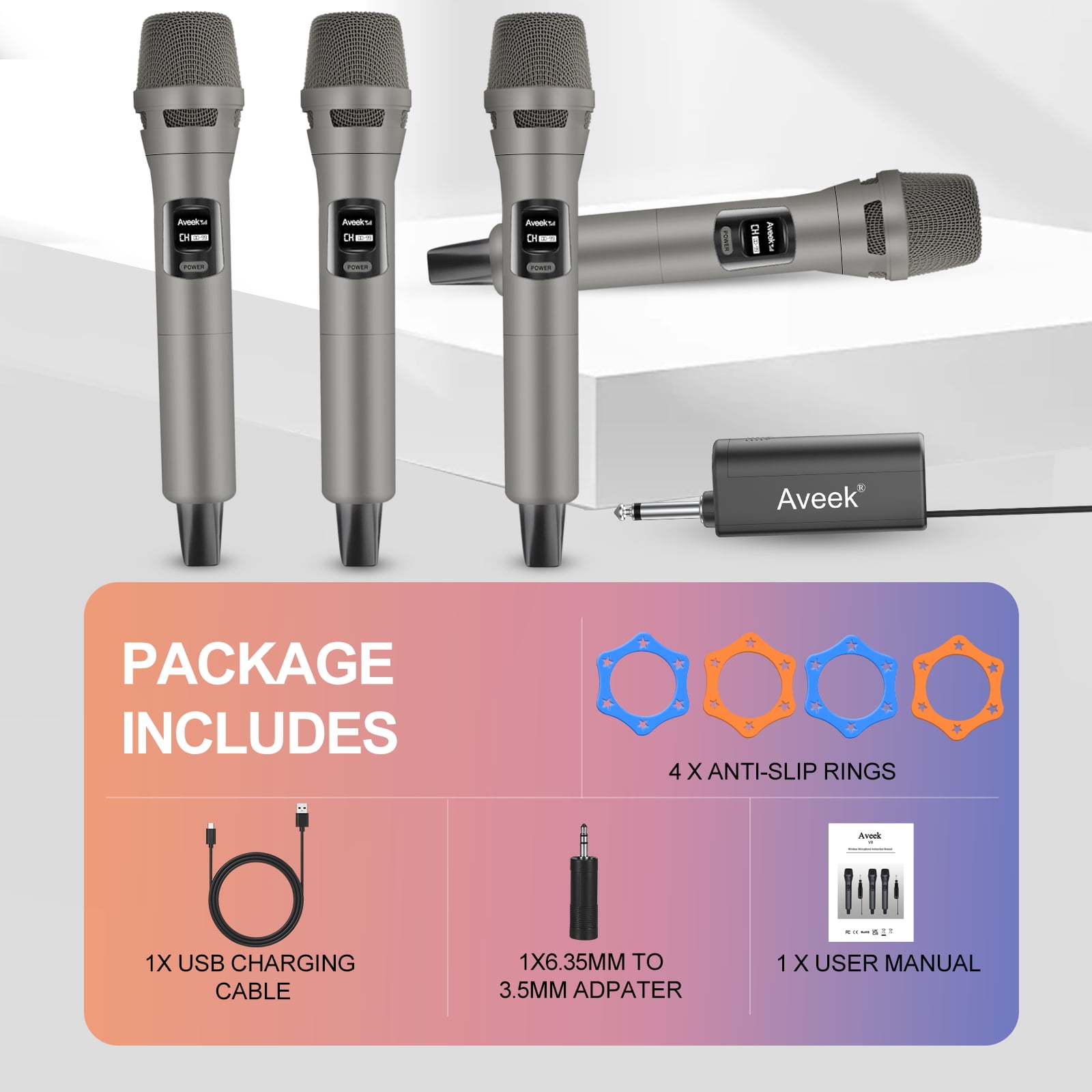 Aveek 4 pack Wireless Microphone, Plug & Play Karaoke Mic for Singing, Parties, Weddings, Events - Compatible with Speakers & Amplifiers
