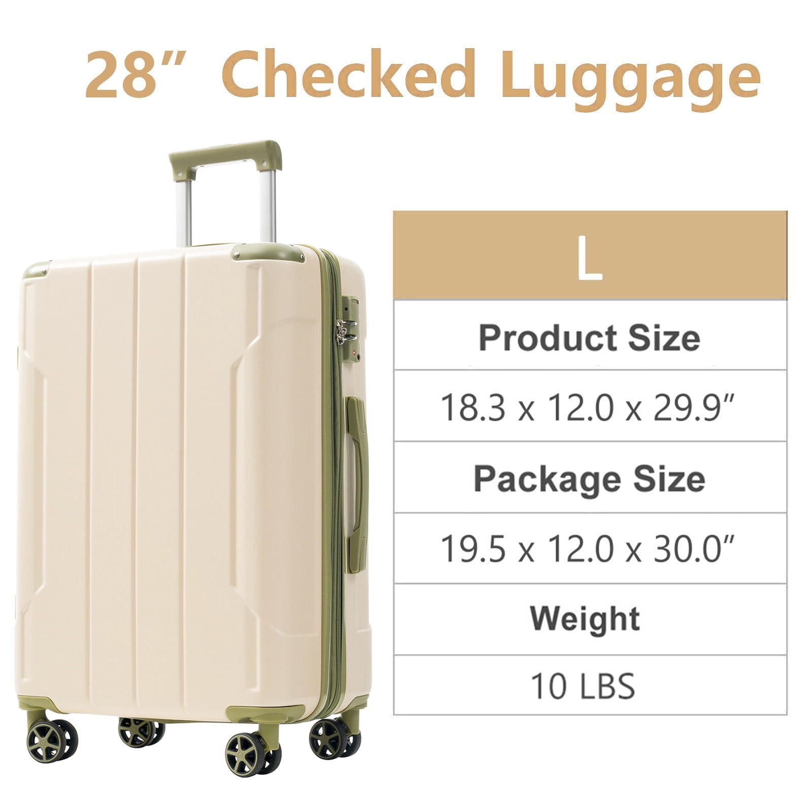 White+Green White and Green ABS Hardshell Luggage - 29.5 in Height Expandable Checked Suitcase with Double Wheels for Long Di