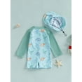 thumbnail image 4 of Suealasg Baby Boys One Piece Swimsuits Infant Boys Long Sleeve Dinosaur/Sea Creature Print Jumpsuit Swimwear + Cap Newborn Boys Summer Romper Bathing Suit Beachwear, 4 of 7