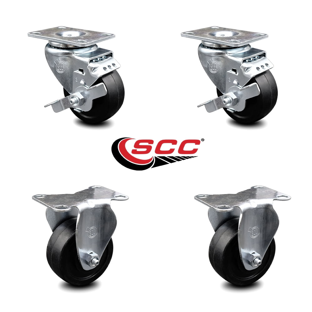 3 Inch Soft Rubber Wheel Swivel Top Plate Caster Set with 2 Brake 2 Rigid SCC