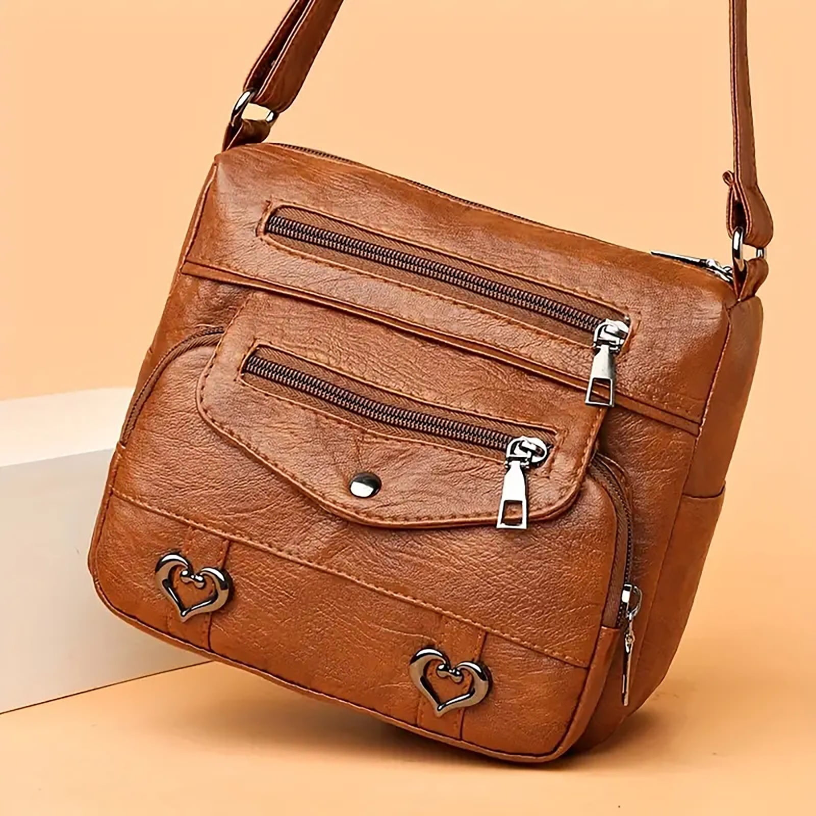 Crossbody Bags for Women Pocketbooks Soft PU Leather Purses and Handbags Multi Pocket Vintage Shoulder Bag with Heart Decor Brown