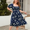 thumbnail image 1 of Robe Décontractée Grande Taille pour Femmes, Imprimé Floral, Froncée, Bord Laitue, Manches Bouffantes, Encolure Carrée, Légèrement Extensible, Robe Midi, 1 of 7
