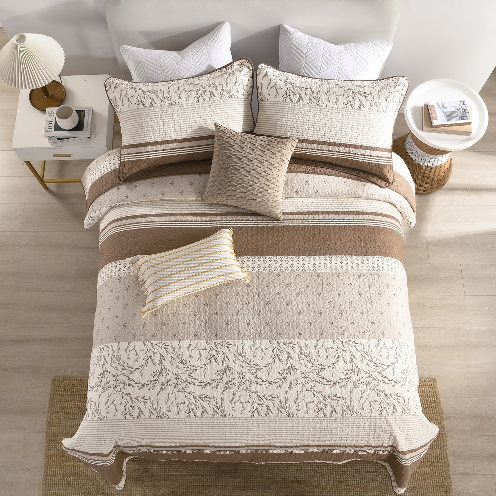 SahSahCasa Quilt Set King Size - 100% Cotton Botanical Farmhouse Quilt King Size, Lightweight Striped Quilted Bedspread, Beige Brown King Quilt Bedding Set All Season, 3 Pieces