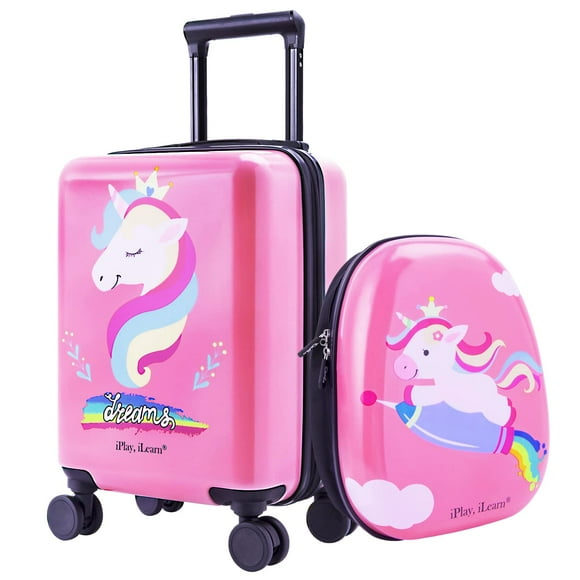 iPlay, iLearn Unicorn Kids Luggage, Girls Carry on Suitcase, 18" Hardside Travel Luggage Set W/Backpack, Toddler Rolling Luggage W/ 4 Spinner Wheels, Children Holiday Birthday Gift