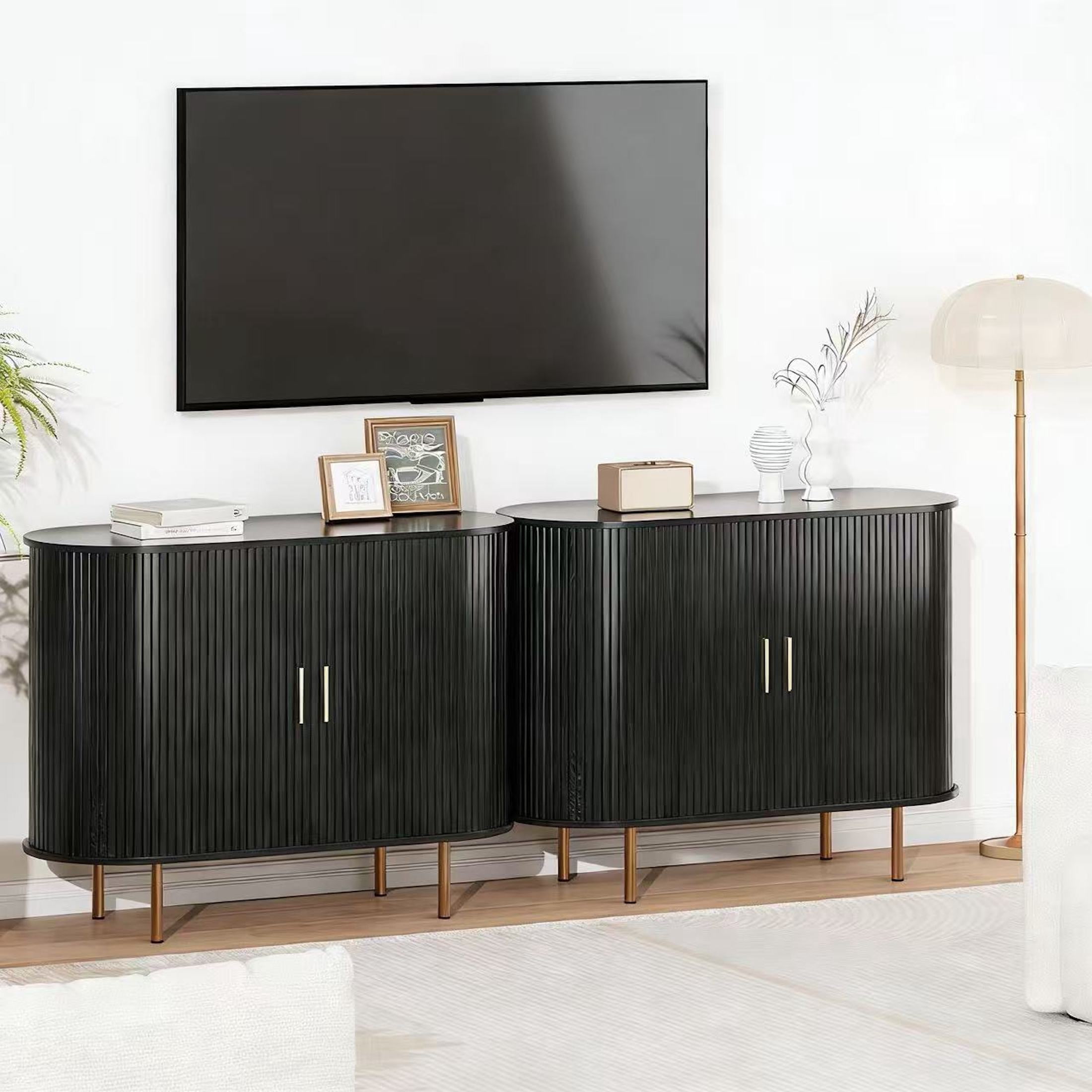 Aisword Sideboard Buffet Cabinet with Storage,Mid Century Modern Fluted Accent Coffee Bar Console Table,Tambour Sliding Doors& Adjustable Shelf for Kitchen, Living Room, Entryway, 40 Inch Black