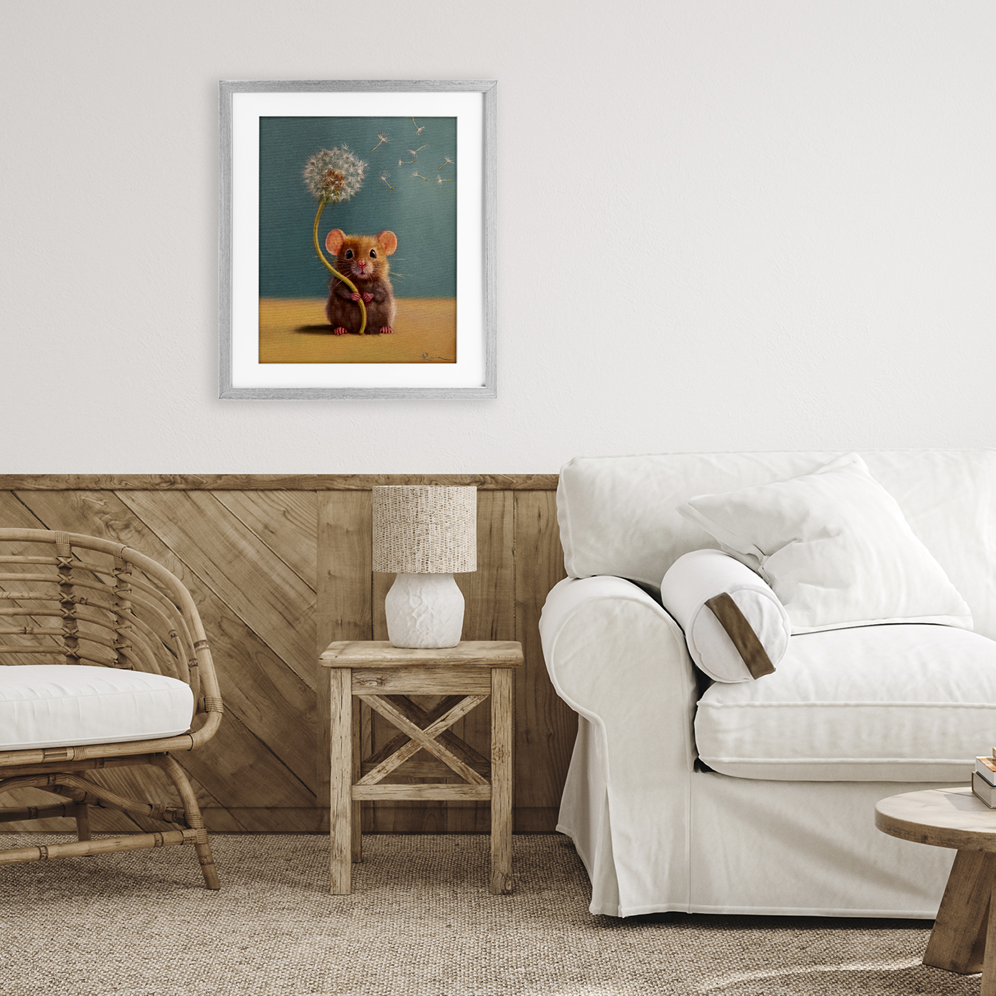 Tiny Wishes Mouse & Dandelion Gray Framed Print Under Glass, design by Lucia Heffernan
