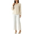 thumbnail image 2 of Blusa de satén para mujer con cuello redondo, mangas largas abullonadas y pliegues, color champán, 2 of 6