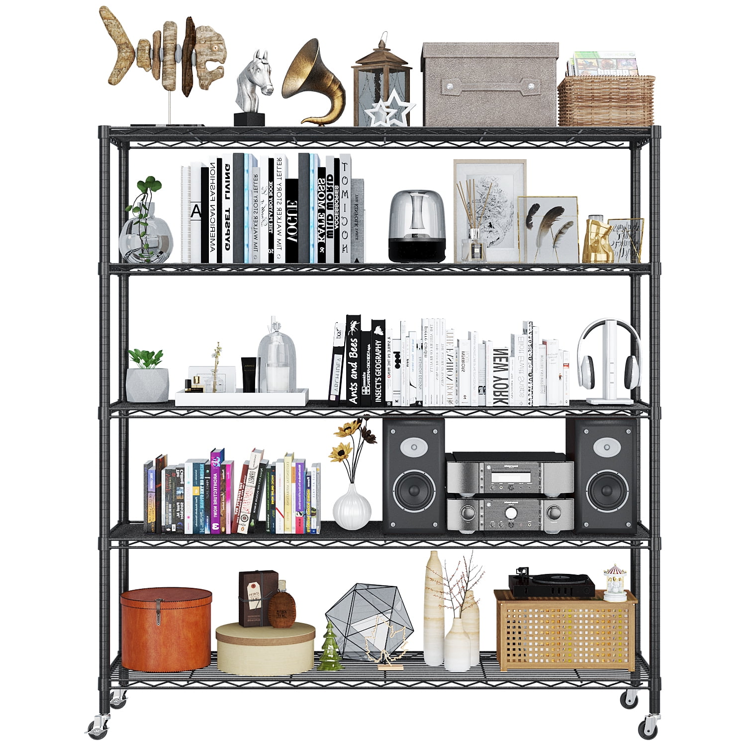5-Tier Adjustable Iron Shelving Unit with Lockable Casters, Black, 46.85 x 18.50 x 72.83 in