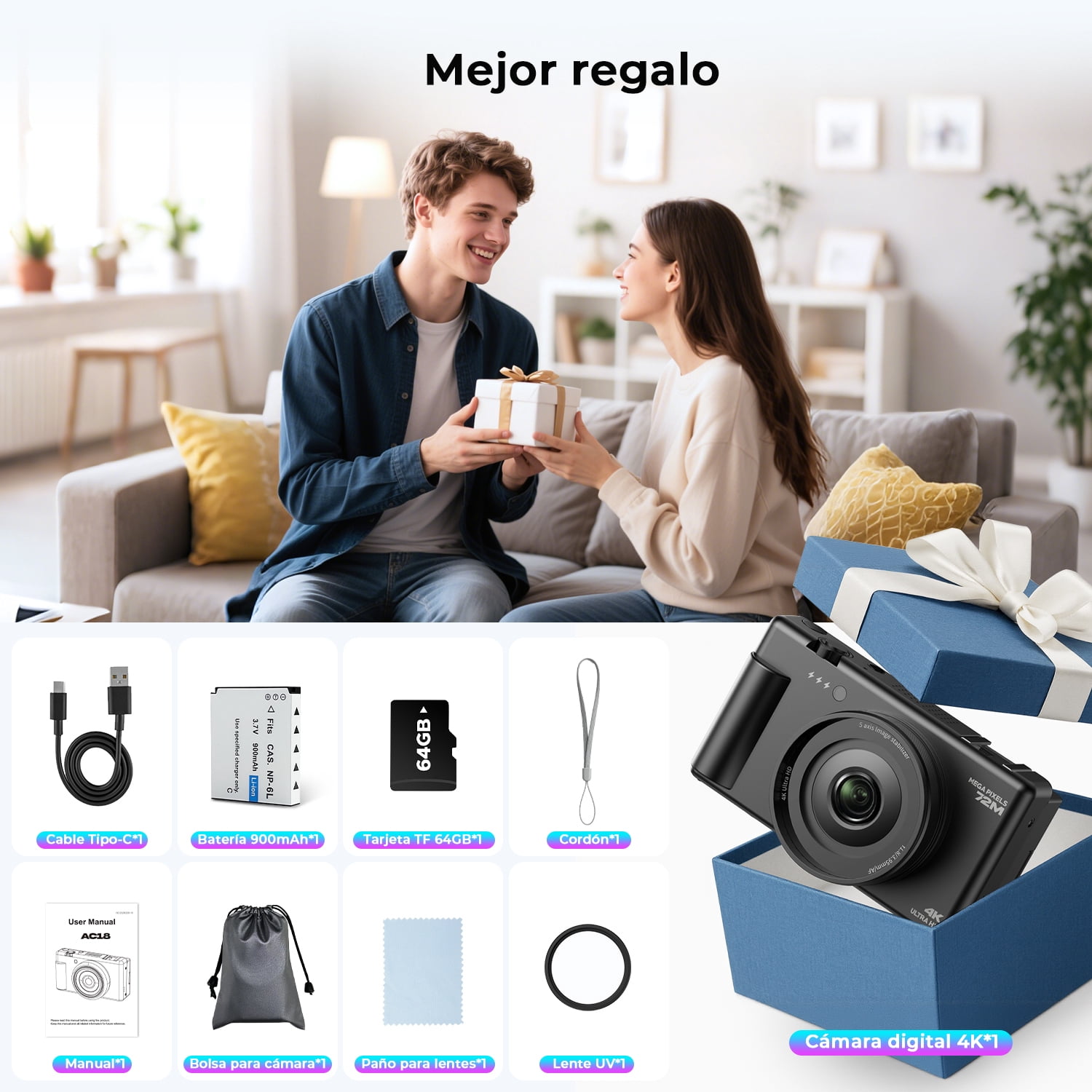 Campark Digital Camera 4K 72MP Vlogging Camera for YouTube with 64GB Card 3'' 270° Flip Screen 18x Zoom Video Cameras for Beginners