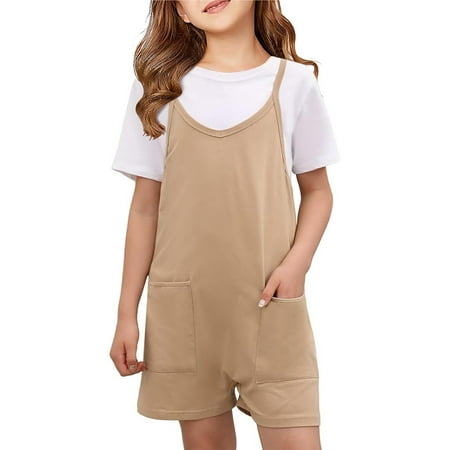 

Girls Summer Sleeveless Casual Romper Spaghetti Strap Shorts Jumpsuit With Pockets Toddler Baby Girl Boy Romper Bodysuit Khaki 5-6 Years