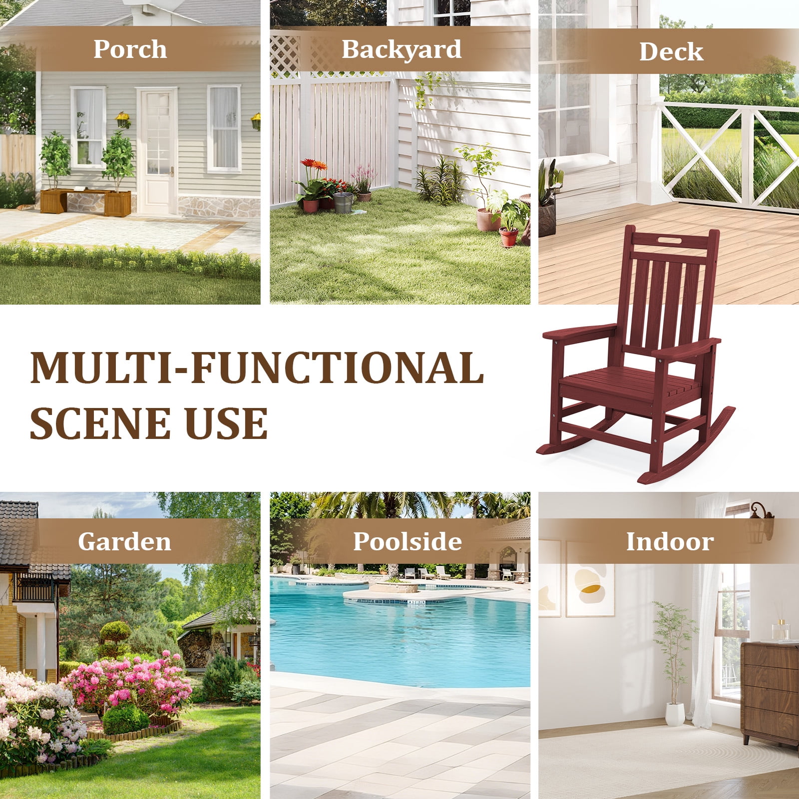 LOYALICE HDPE Outdoor Rocking Chair for Porch Patio, All-Weather High Back Rocker with Wood-Grain Texture, Heavy-Duty Deck Garden Seating, Fade-Resistant & Easy to Clean,Dark Red