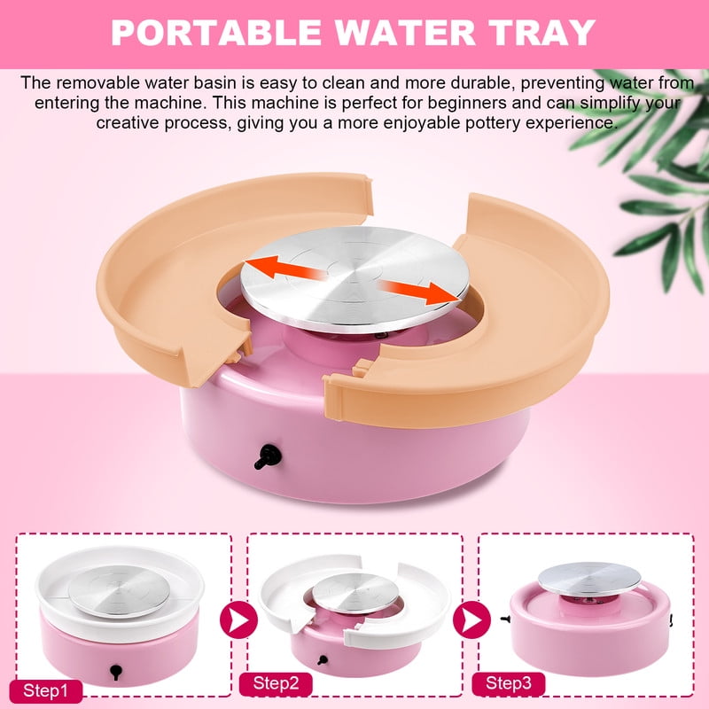 Mini Pottery Wheel，9.45”Pottery Wheel for Adults Beginners Kids, Movable Turntable with Adjustable Speed with 16 Pottery Shaping Tools，Pink