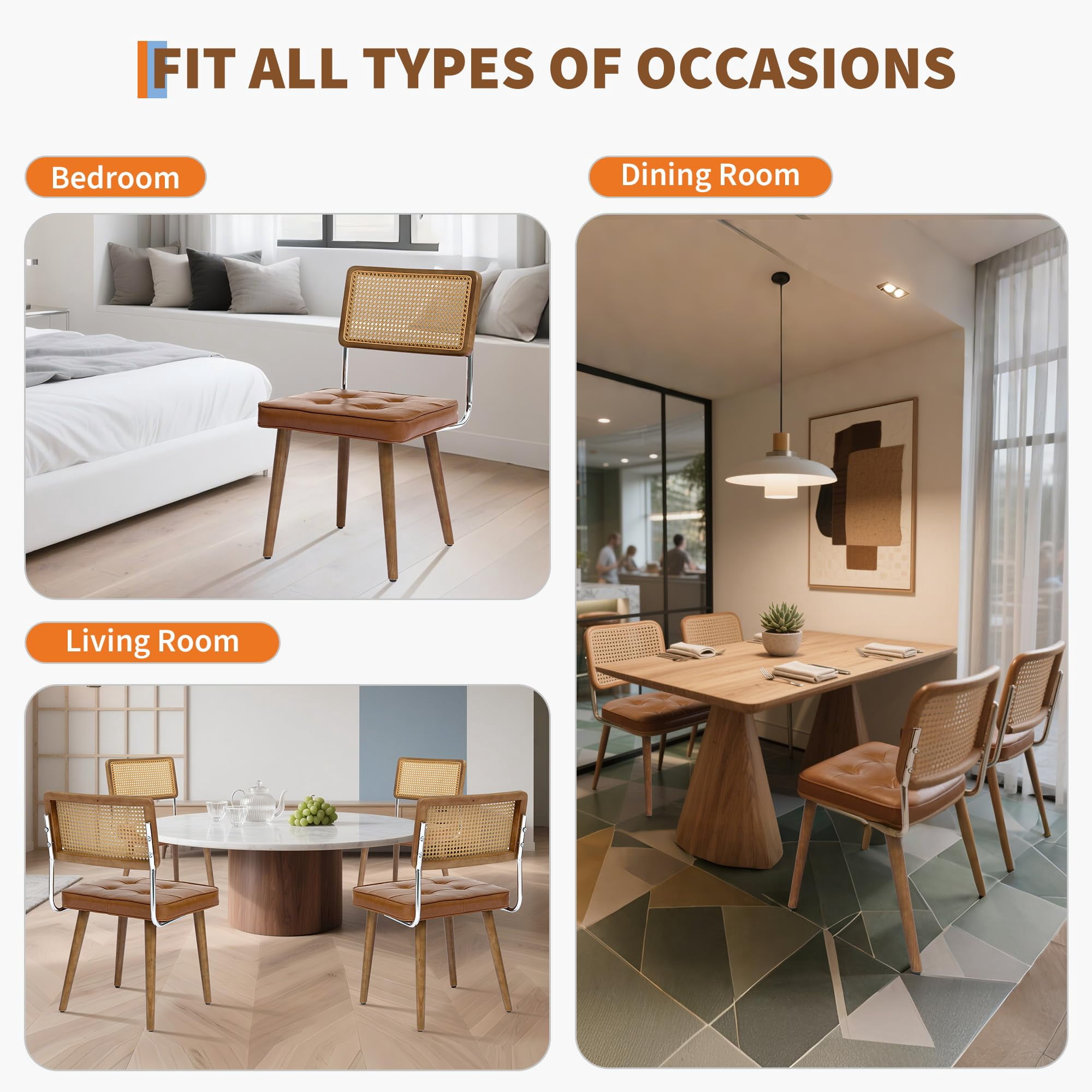 COZONY 4 PCS Modern Upholstered Dining Chairs Set , with Natural Rattan Back, Soft Padded Seat, Sturdy Wood Legs for Dining Room,Brown