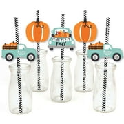 Big Dot of Happiness Happy Fall Truck - Paper Straw Decor - Harvest Pumpkin Party Striped Decorative Straws - Set of 24