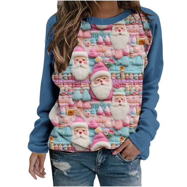 Birdeem Blouse à Manches Longues Imprimée de Noël pour Femme, Col Rond, Tunique Décontractée
