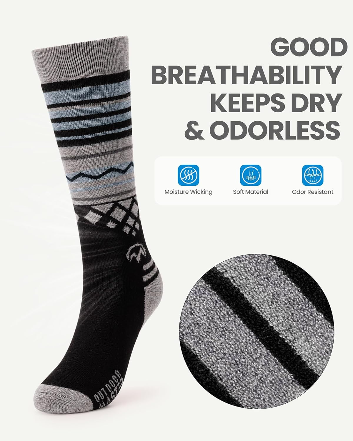 OutdoorMaster Ski Socks 2-Pack Merino Wool, Over The Calf Non-Slip Cuff for Men & Women