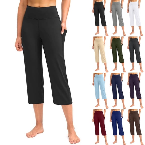 Women's Straight Leg Crop Yoga Pants with Pockets Plus Size Comfortable Workout Lounge Trousers