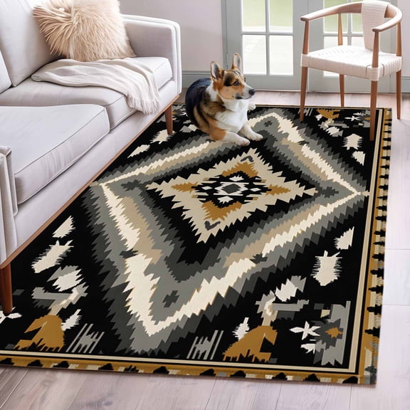 3'x5' Area Rugs, Boho Grey Black Indoor Outdoor Area Rug for Living Room Bedroom, Geometric Ethnic Southwestern Vintage Washable Bathroom Rugs Kitchen Floor Carpet Mats Home Decor Aesthetic