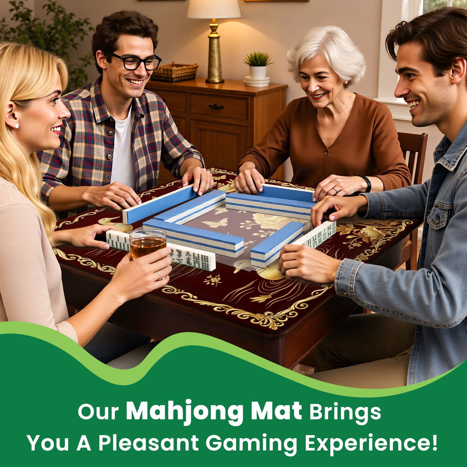 Mahjong Mat 31.5" x 31.5" Golden Ducks Peonies Butterflies Burgundy Non-Slip Noise Reduction American Mahjong Tiles Table Cover for Dominoes Poker Card Board Games Gift