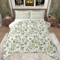 Homewish Flower Floral Women Full Size Comforter Sets, White Green Leaf Plant Bedding Comforter Set, Simple French Style Reversible Bedding Sets, Ultra Soft Bedroom Decor, 3pcs