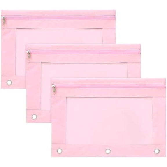 3 Pack Pencil Pouches, Pencil Pouches for 3 Ring, Binder Pencil Pouches with Clear Window Zipper Pencil Cases for Binder (Pink)
