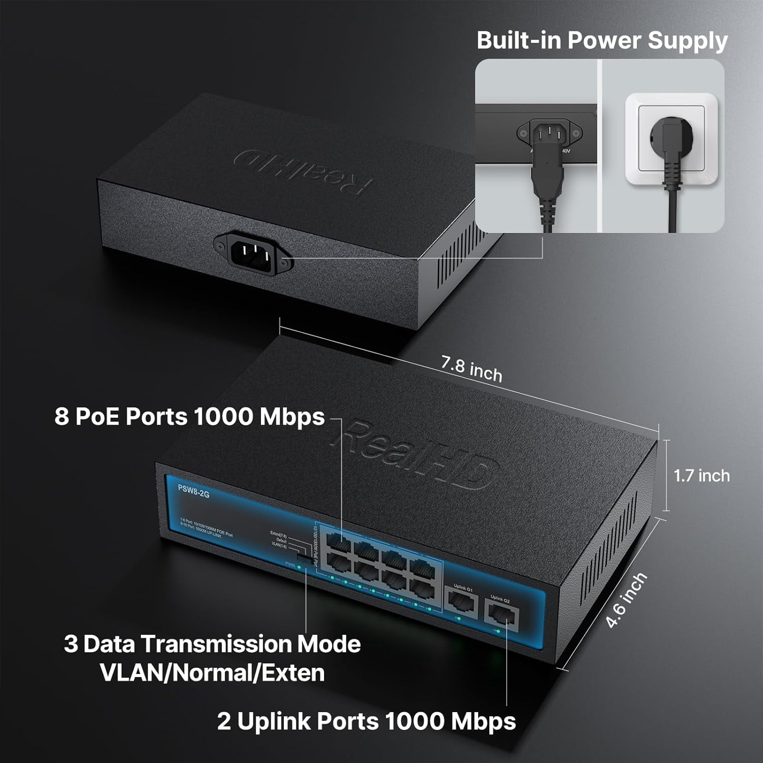 8 Port Full Gigabit PoE+ Ethernet Network Switch, with 2 Gigabit Uplink Ports Up to 30W Per PoE Port, Total Budget 120W, 48 Volt 803.af 803.at Compliant, Compatible with PoE IP Cameras VOIP Phones