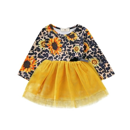 

Kucnuzki 2T Toddler Baby Girl Winter Dress Causal Dress 3T Toddler Girl Long Sleeve Sunflower Leopard Prints Upper Boddy Ruffled Tulle Layer Casual Dress Yellow