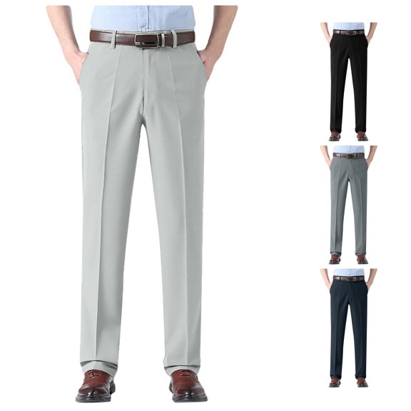 RUTAYY Men's Straight Leg Dress Pants Solid Color Button Fly Pleated Front Business Casual Trousers White