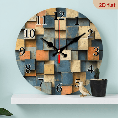 2D Flat 1pc 10Inch Modern Farmhouse Abstract Cube Wooden Wall Clock Silent Non Ticking Large Round Wood Clock with Beige, Blue, Brown, Golden, Black, White, Muted Green Hues