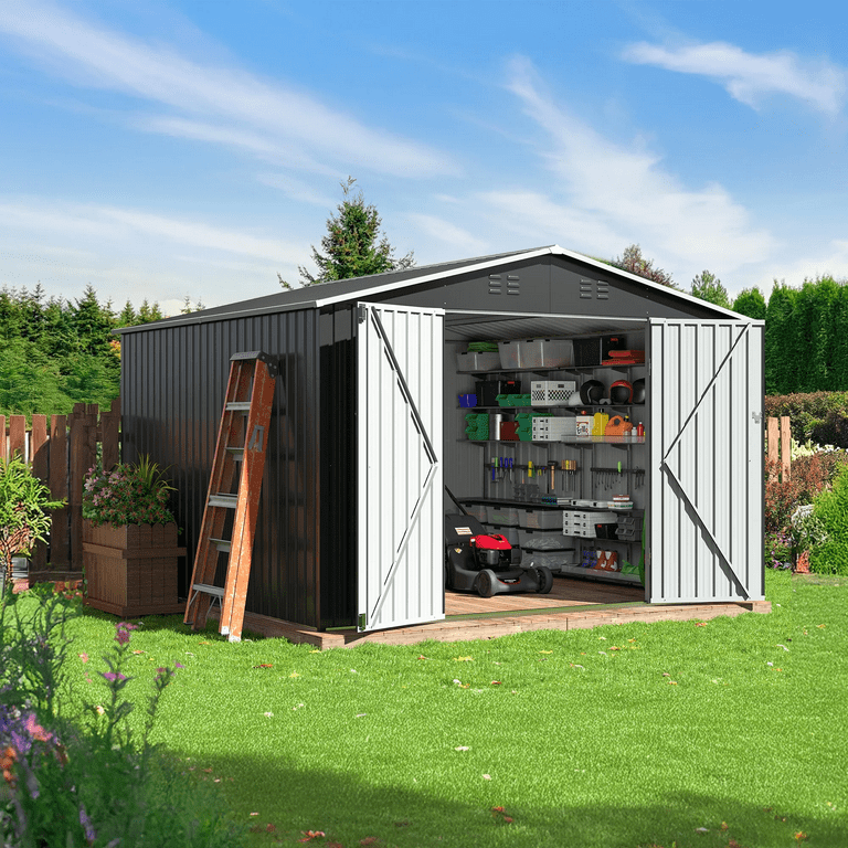 MUCHANT 10'x10' Outdoor Metal Storage Shed with Updated Frame Structure and Lockable Doors, Steel Garden Tool Sheds for Backyard, Patio, Lawn, Gray