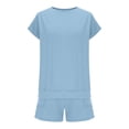 thumbnail image 5 of Girls 2 Piece Outfits Set Solid Color Round Neck Short Sleeve Top and Drawstring Shorts Set Summer Casual Loungewear Comfortable Clothing Sets with Pockets, 5 of 9