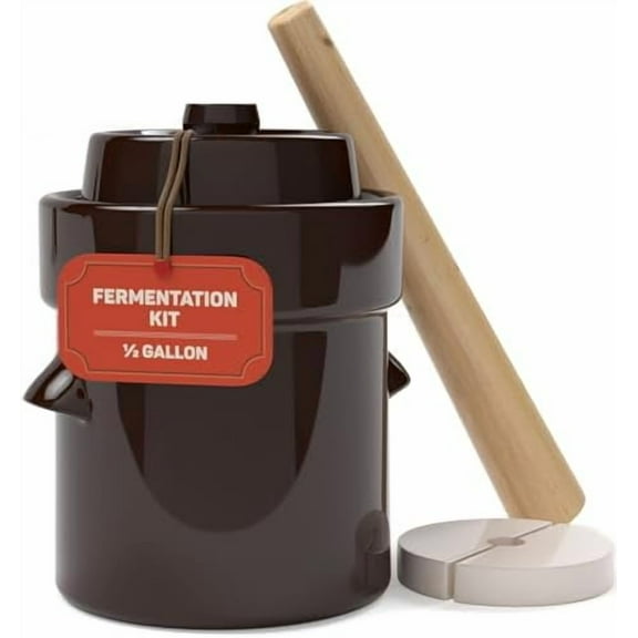 Fermentation Crock 1/2 Gallon - Sauerkraut Crock with Lid, Weights & Pounder - Ceramic Fermenting Crock Kit for Pickling Cabbage Kimchi Vegetables - 2 Liter Fermentation Jar - Stoneware Pickle Pot