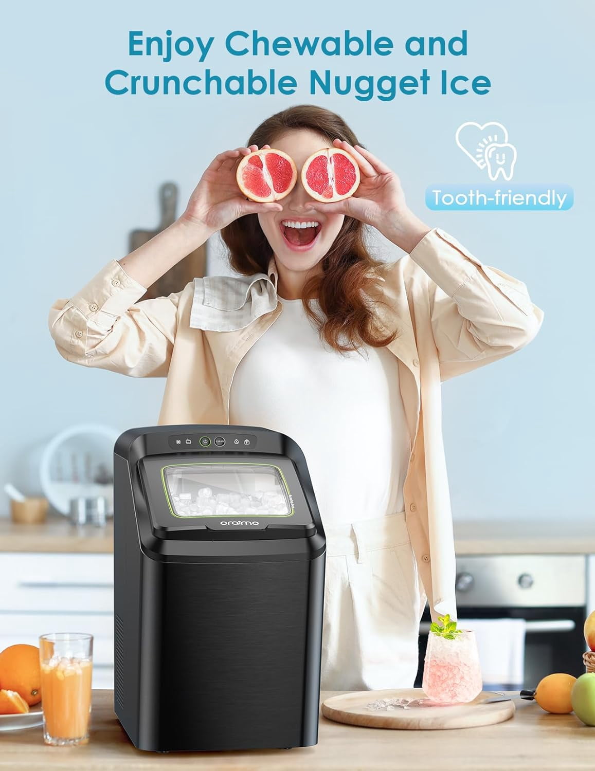 Oraimo Nugget Ice Maker, Ice Makers Countertop, 26 Lbs/Day Tooth-Friendly Chewable Ice with Self-Cleaning, Auto Water Refill, Sonic Pebble Ice Machine