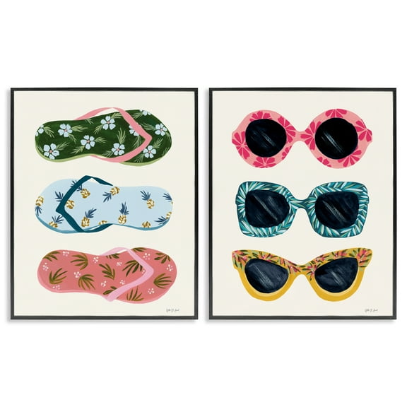 Stupell Industries Beach Ready Accessories Fashion Painting Black Framed Art Print Wall Art, 11 x 14, Set of 2