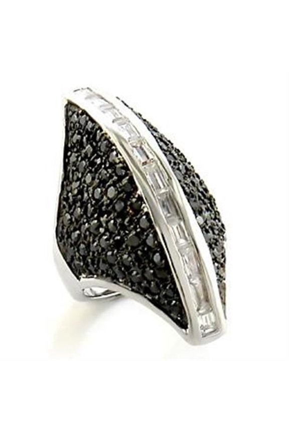 LOA581 - Rhodium + Ruthenium Brass Ring with AAA Grade CZ in Jet