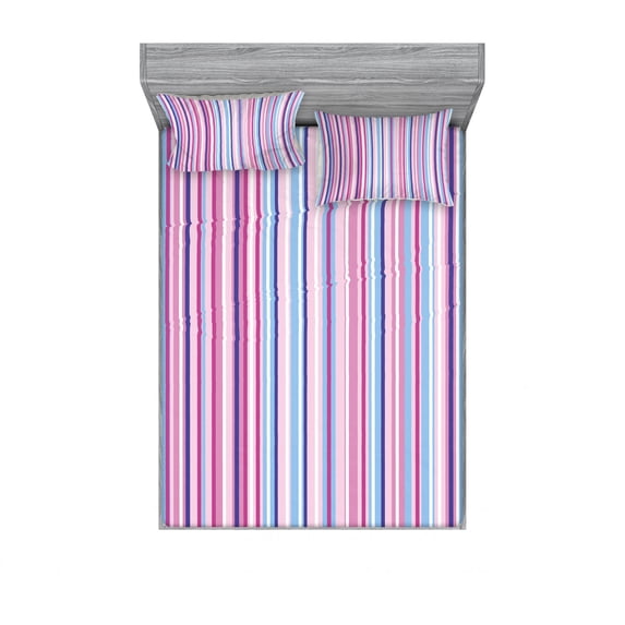 Abstract Bedding Set with Sheet & Covers, Vertical Striped Gradient Different Colored Lines Tile Bands Image, Printed Bedroom Decor 2 Shams, 4 Sizes, Baby Pink Sky Blue, by Ambesonne