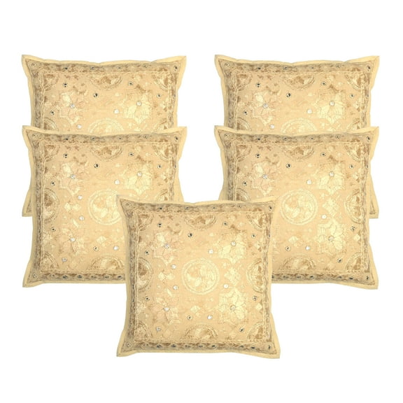 Stylo Culture Ethnic Sofa Throw Pillow Covers 16 x 16 Hand Embroidered Beige Bohemian 40x40 cm Home Decor Cotton Mirrored Square Cushion Covers | Set Of 5