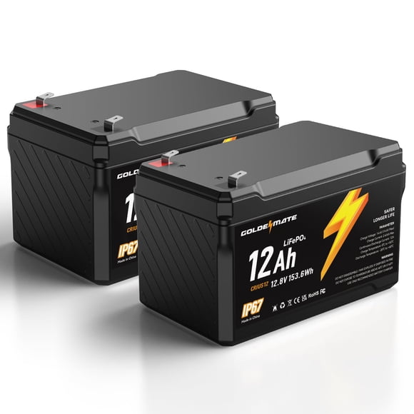 GOLDENMATE 12V 12Ah LiFePO4 Lithium Battery(2 Packs), 5000+ Deep Cycles, IP67 Waterproof Lithium Iron Phosphate Battery, Built-in BMS, Ideal for Powe