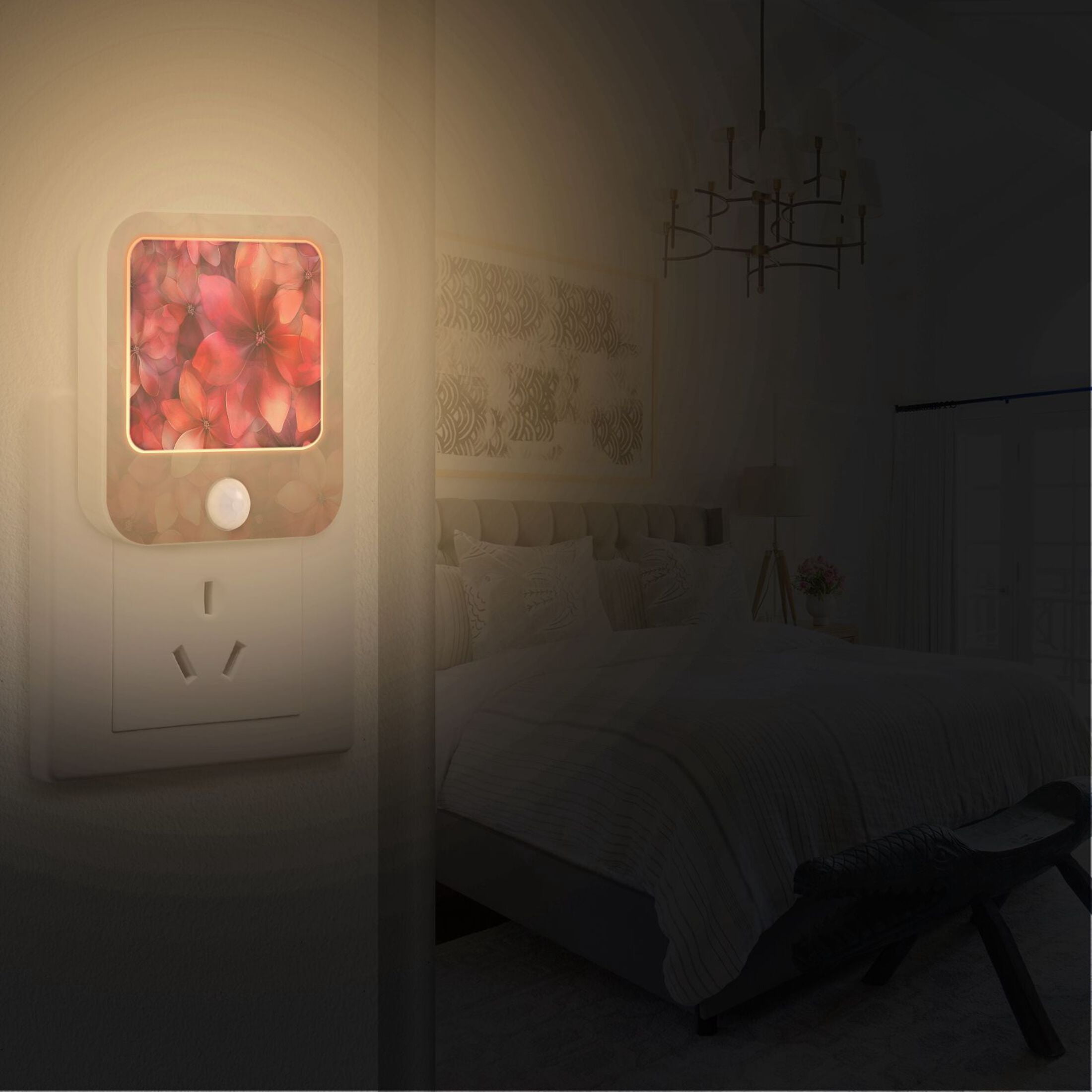 WOBOGO Transparent Red Flowers Night Light Lamp with Smart Sensor Dusk to Dawn Sensor 0.6W Plug-in 2-Pack