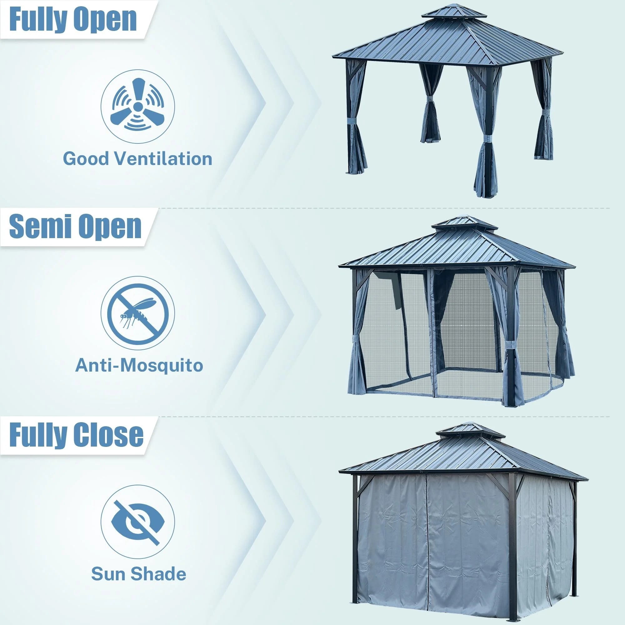 10' X 10' Hardtop Gazebo with Galvanized Steel Double Roof, Aluminum Frame Gazebos with Curtains and Netting, Outdoor Metal Pavilion for Patio, Lawn, and Garden, Grey
