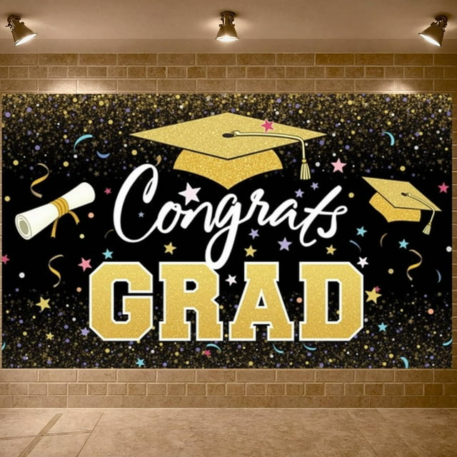 Gold Grad Cap Graduation Banner Colorful Stars Grad Backdrop Confetti Design Black Background Academic Background for Graduation Party College Graduation Grad Photo Shoot