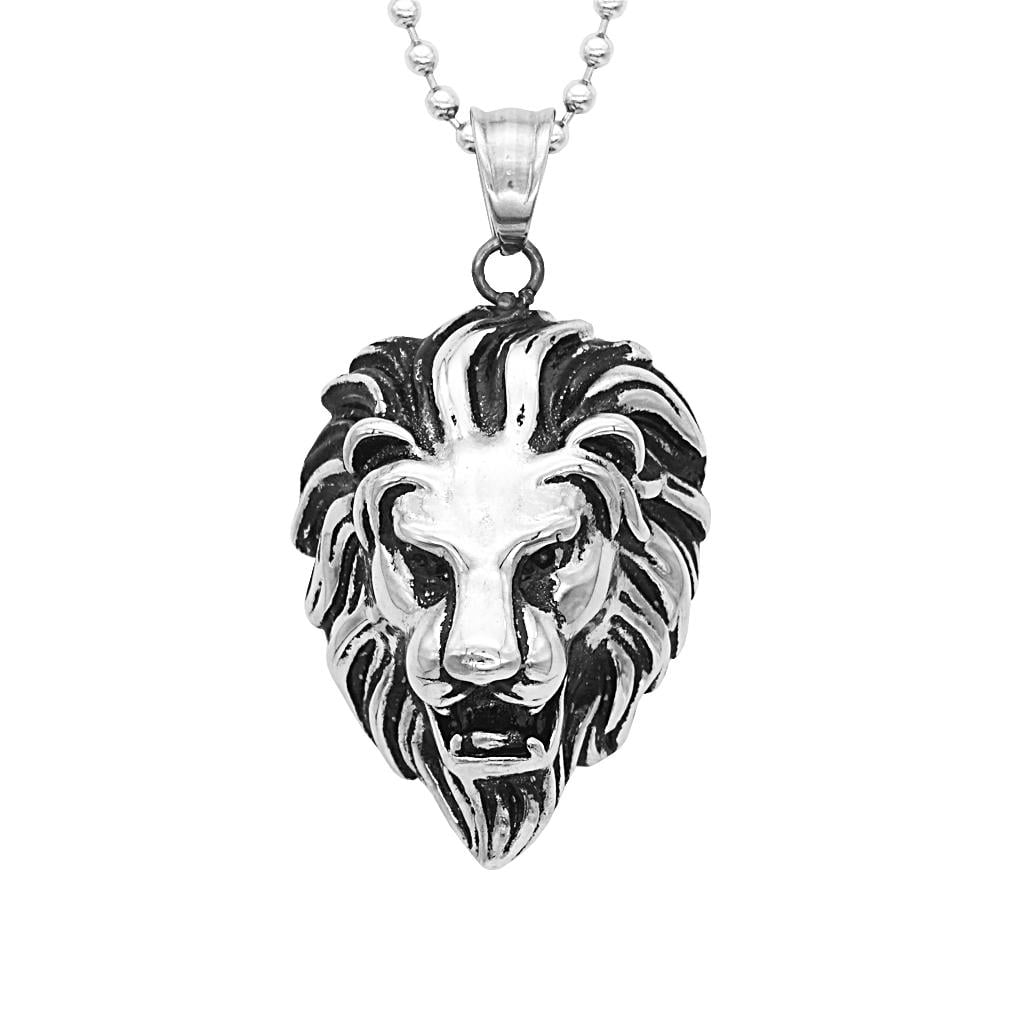Men's Punk Rock Stainless Steel Cubic Zirconia Lion Head Pendant Necklace Chain 