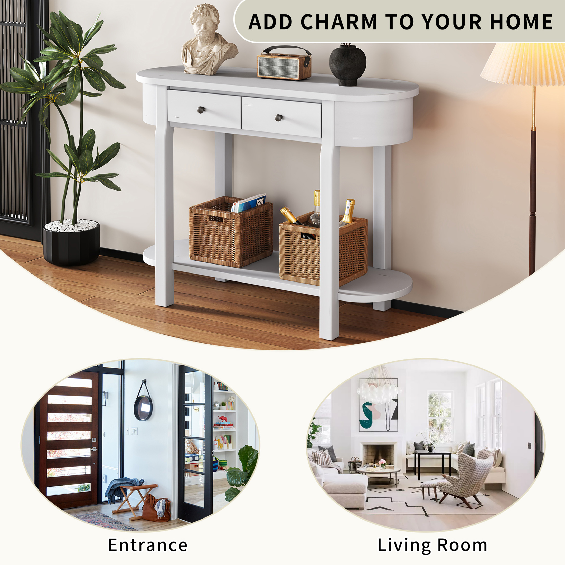 Aukfa Retro Console Table with Two Drawers and Shelf for Entryway/Living Rooms/Hallway, Oval-Shaped Tabletop, White