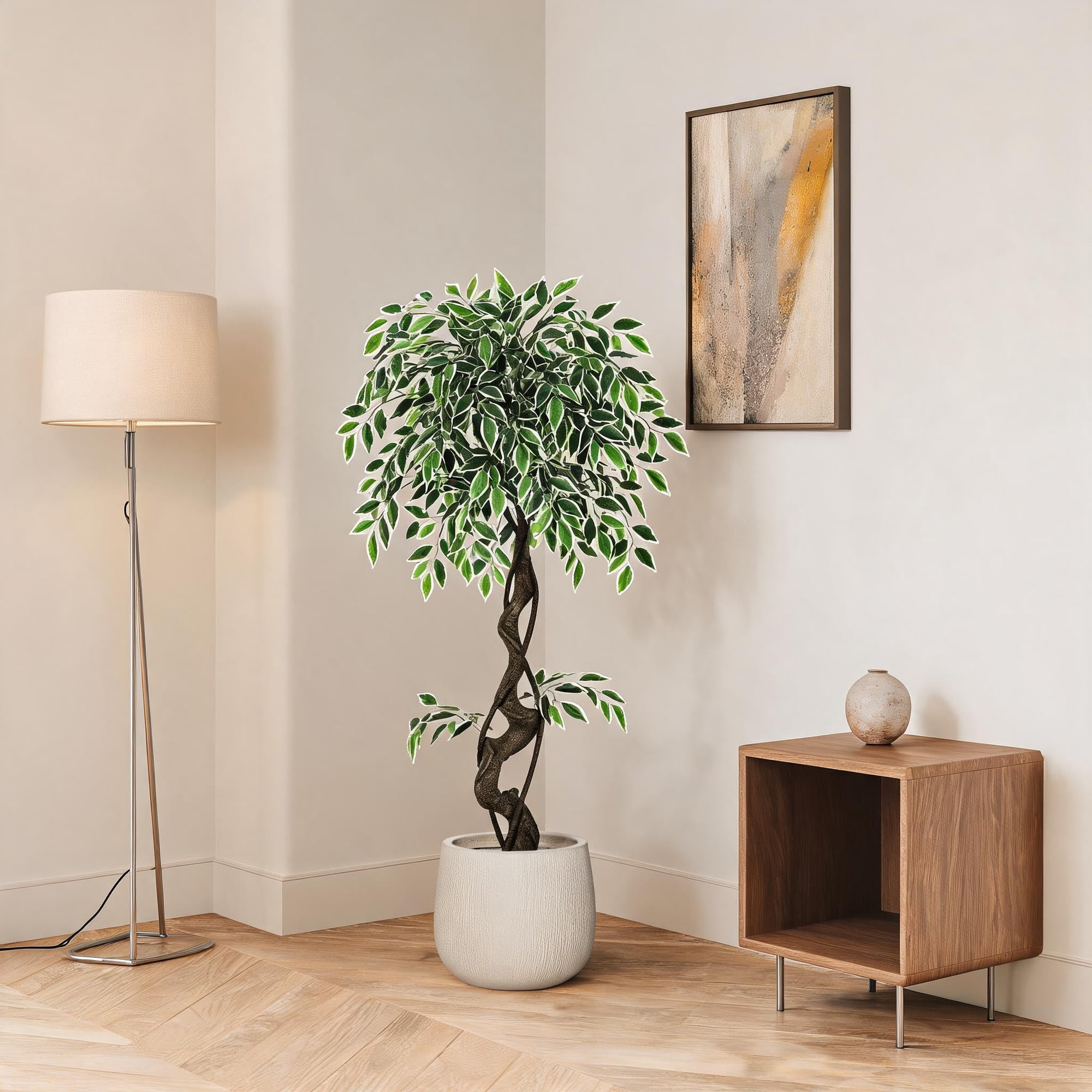 6FT Artificial Ficus Tree Lifelike Fake Ficus Plant with White Imitation Ceramic Planter Natural Moss & Pebbles Decor Stable Potted Faux Tree for Indoor Outdoor Home Office Bedroom Balcony