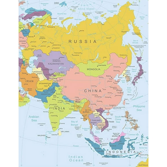 Iconic Arts Laminated 24x31 Poster: Political Map - Map Asia
