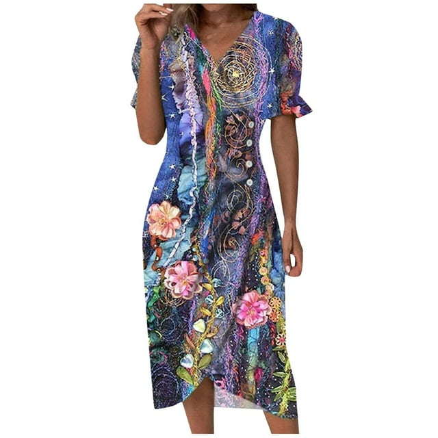 QIPOPIQ Robes pour Femmes Taille Empire à Volants Manches Courtes Robe d'Été Imprimé Floral Ourlet Irrégulier Robe Col en V Boutons Offres 2023