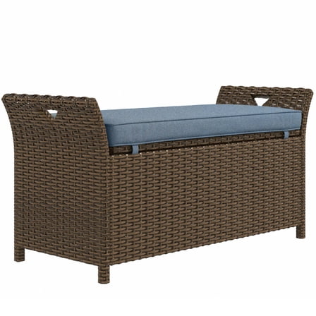 27-Gallon Patio Wicker Storage Bench, Outdoor PE Rattan Patio Furniture
